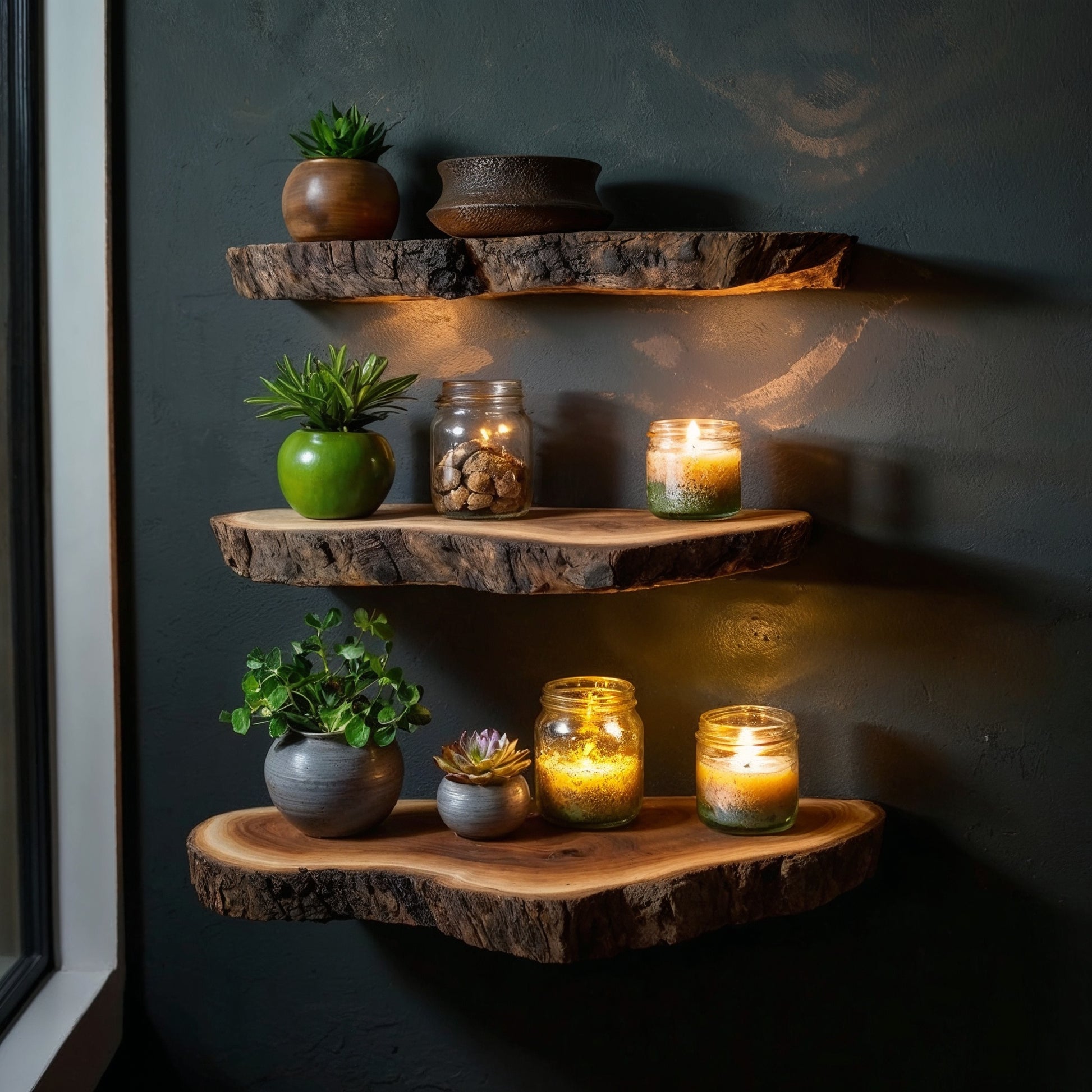 TimberLuxe Floating Shelf | Rustic Live Edge Wood Desk & Wall Decor - Bespoke Wood TTK