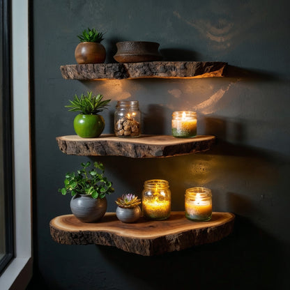 TimberLuxe Floating Shelf | Rustic Live Edge Wood Desk & Wall Decor - Bespoke Wood TTK